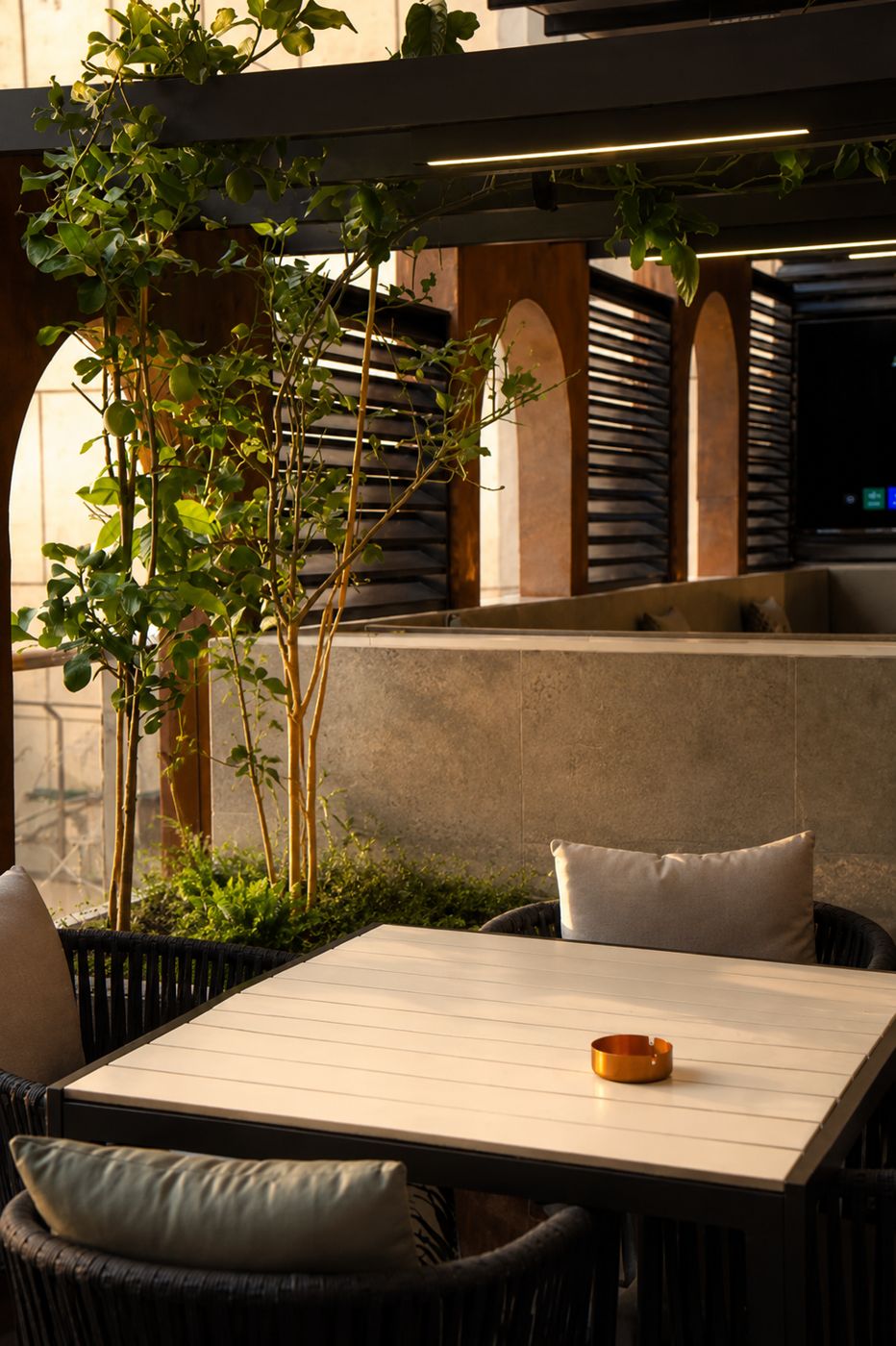 Terrace table with a copper ashtray under a lemon tree at sunset